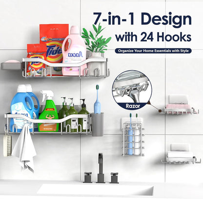 NESOMI Shower Caddy Adhesive Shower Organizer 7-Pack, Rustproof Stainless Steel Bathroom Shelves, Large Capacity No-Drill Rack Storage Accessories with Soap Dish Toothbrush Holder &24 Hooks Home Decor
