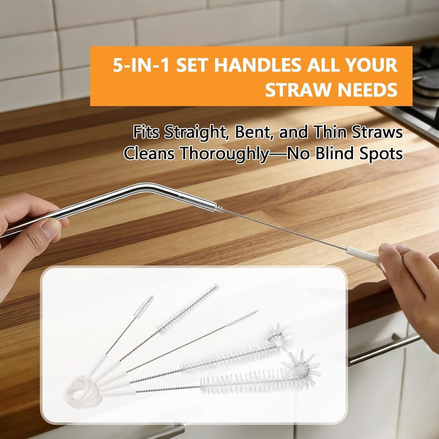 Straw Cleaner Brush Set, 5 Pcs Multi-Size Flexible Cleaning Brushes with Holder Ring, Long Pipe Cleaners for Reusable Straws, Water Bottles, Tumblers and Sippy Cups, White
