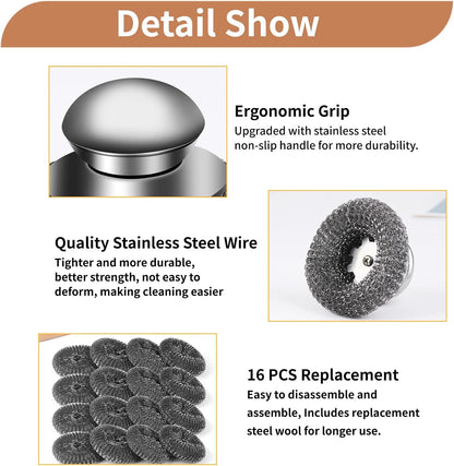 5Pcs Steel Wool Scrubber with Replacement Wire Sponge Pads Set, Stainless Steel Scrubber with Handle for Scouring Stubborn Messes from Cast Iron, Pots, Pans, Grill, Stoves, Sink(1 Scrubber+4 Pads)