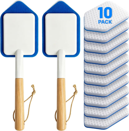 Tub Tile Scrubber Brush – 2 Pack with Wooden Handle, Includes 10 Melamine Sponge Eraser Heads | Non-Scratch Cleaner for Bathtub, Shower Wall, Grout, Kitchen Sink