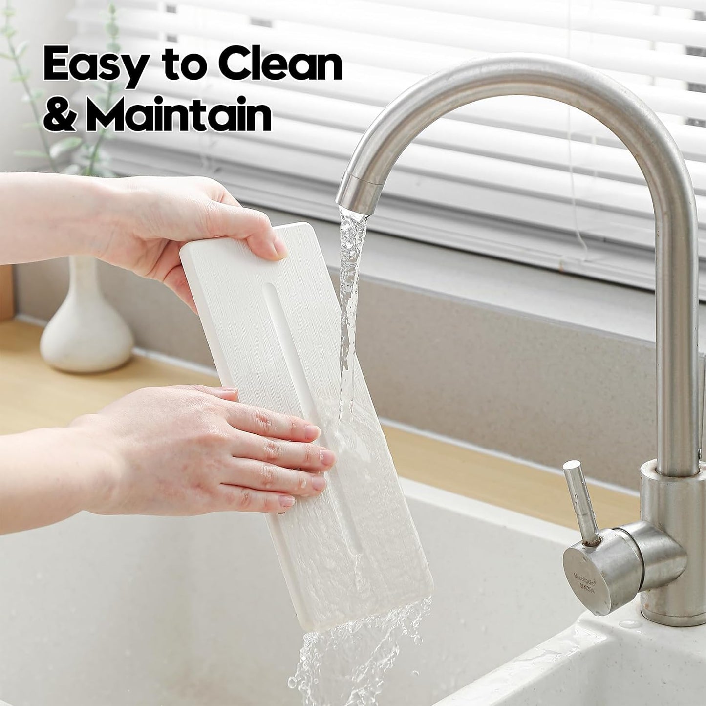 Fast Water Absorption Sink Organizer Tray Set, 3-Pack Compact and Space-Saving Stone Soap Holder Caddy for Kitchen & Bathroom Counter, Faucet Splash Guard, White (1pc of 8"x3.8" + 2pcs of 3.8"x3.8")