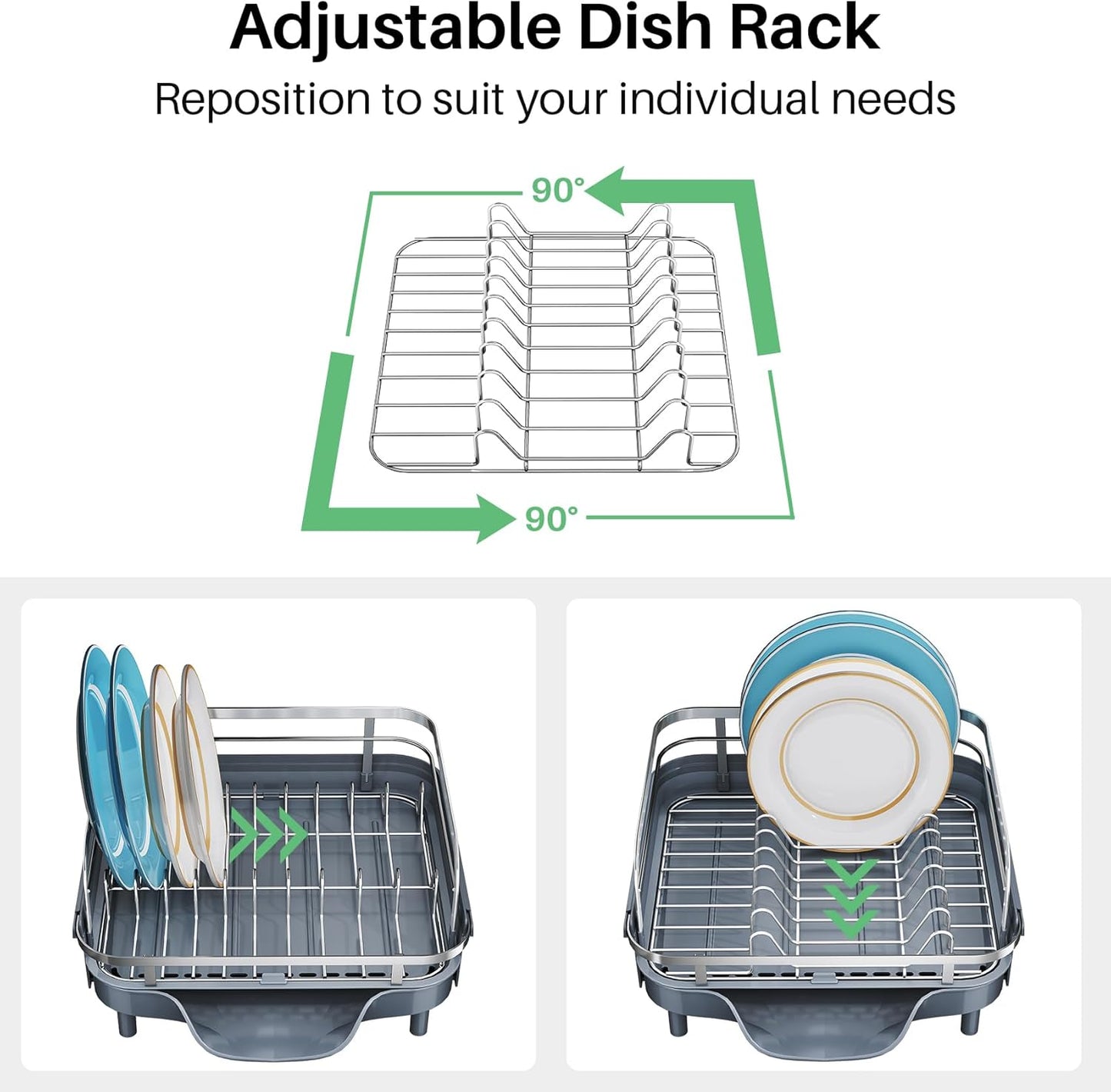 SNTD Dish Drying Rack, Expandable Dish Rack for Kitchen Counter, Stainless Steel Dish Drainer with Drainboard Set and Utensil Holder (Black)