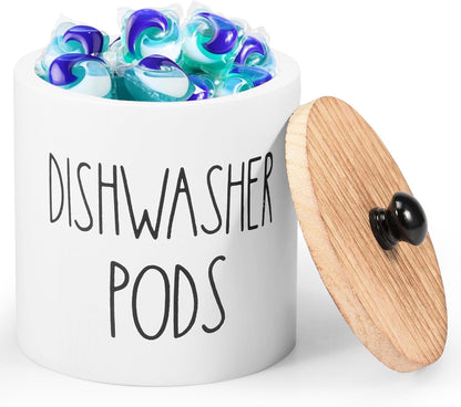 Round Dishwasher Pods Container, Wood Dishwasher Pod Holder with Lid for Kitchen Decor, Laundry Pod Container for Laundry Detergent Storage (Black)