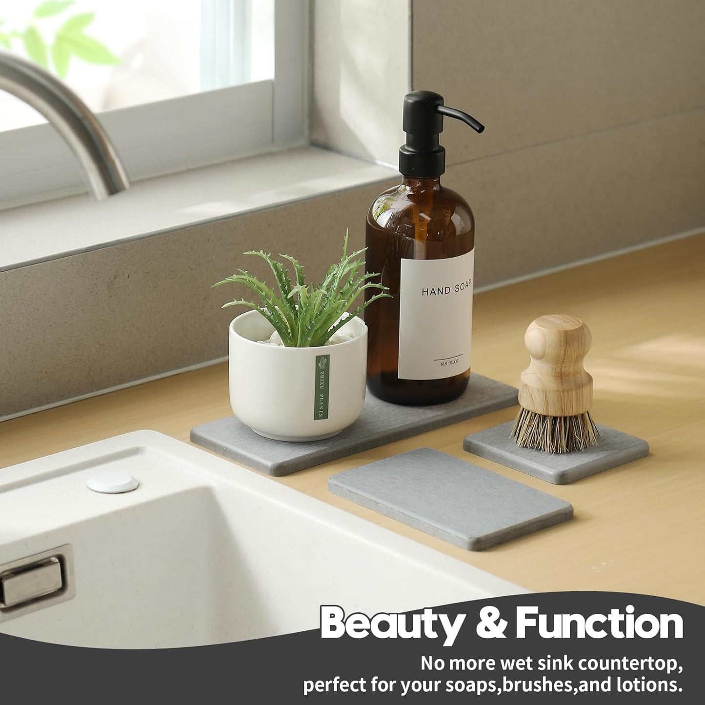 2PCS Water Absorbing Stone Drying Tray for Kitchen Counter & Bathroom Sink, Diatomite Faucet Splash Guard, Soap Dispenser Rack & Sponge Holder Caddy Organizer, Marble White (Printed Pattern), 9"x 3.5"