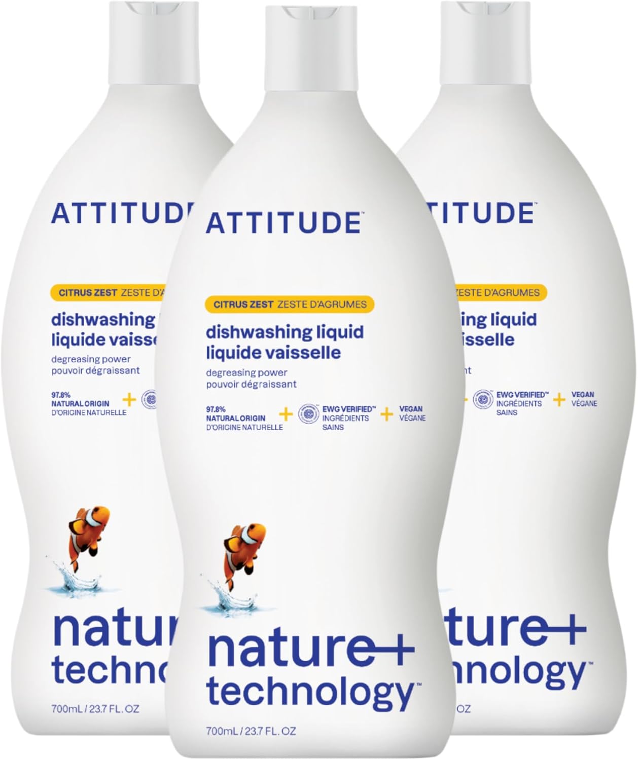 ATTITUDE Dish Soap, EWG Verified, Plant-Based & Vegan Dishwashing Liquid, Naturally Derived, Citrus Zest, 23.7 Fl Oz (Pack of 3)