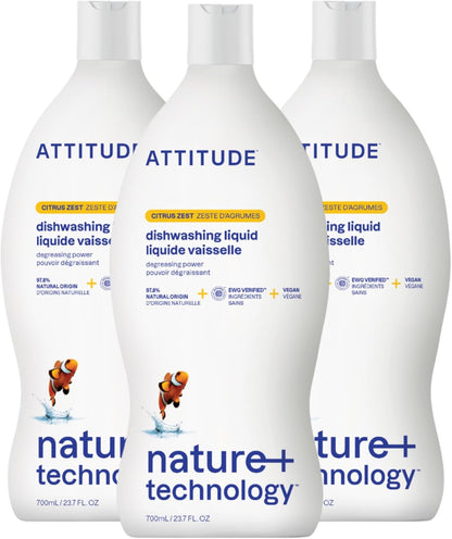 ATTITUDE Dish Soap, EWG Verified, Plant-Based & Vegan Dishwashing Liquid, Naturally Derived, Citrus Zest, 23.7 Fl Oz (Pack of 3)