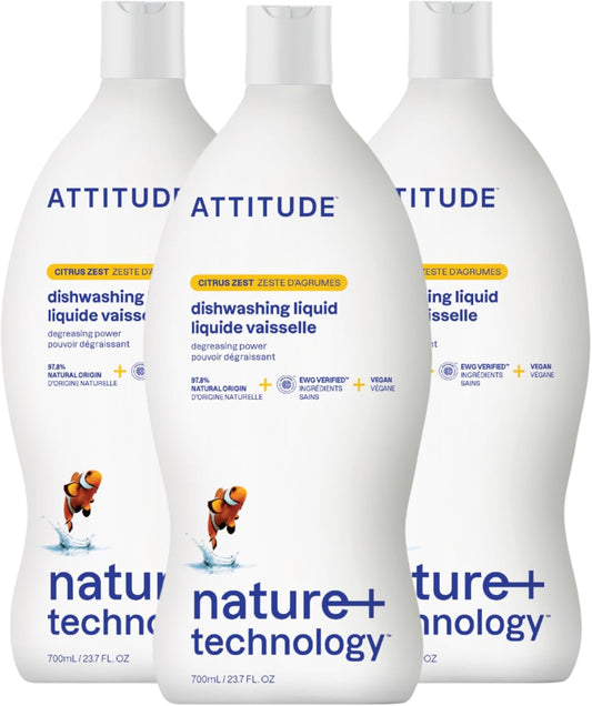 ATTITUDE Dish Soap, EWG Verified, Plant-Based & Vegan Dishwashing Liquid, Naturally Derived, Citrus Zest, 23.7 Fl Oz (Pack of 3)