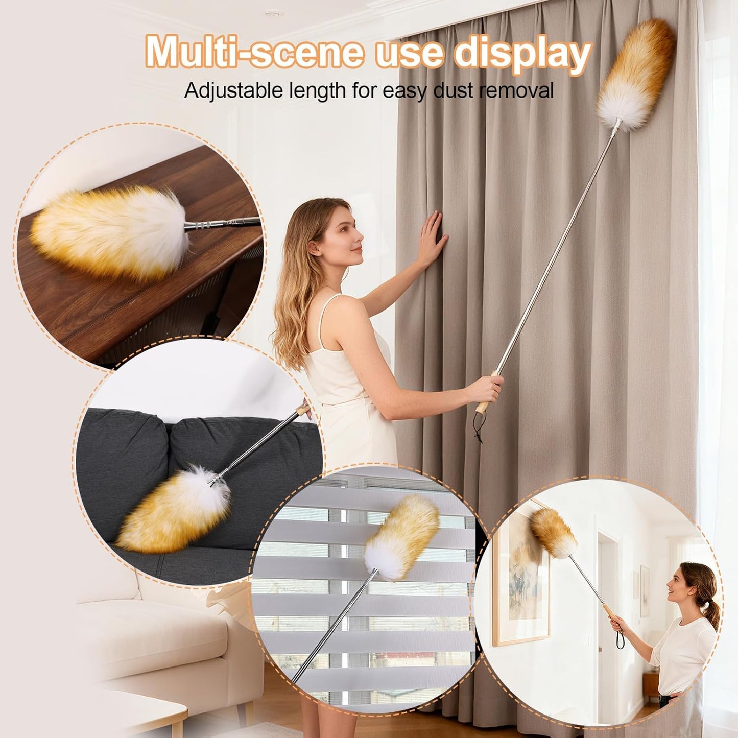 Extendable Lambswool Feather Duster 31-88 Inch, Anti-Static Wool Duster for Cleaning with Stainless Steel Pole - Ideal for High Ceilings, Fans, Interior & Roof (Yellow & White)