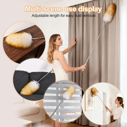 Extendable Lambswool Feather Duster 31-88 Inch, Anti-Static Wool Duster for Cleaning with Stainless Steel Pole - Ideal for High Ceilings, Fans, Interior & Roof (Yellow & White)