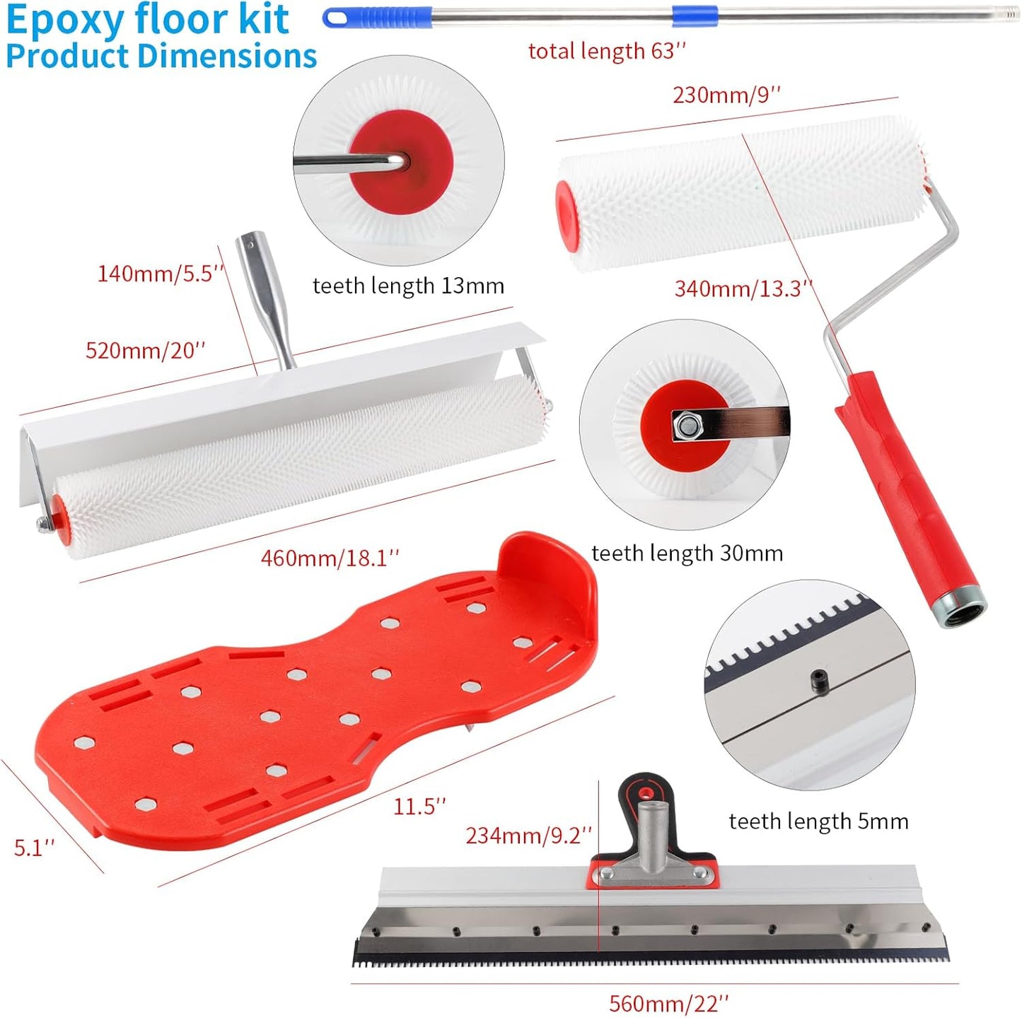 Self-Leveling Epoxy Floor Tool Kit with 20" Spiked Roller, 22" Epoxy Squeegee, 9" Bubble Buster Roller, Extension Poles, Spiked Shoes, and Gloves for Concrete Coatings & Paint Applications