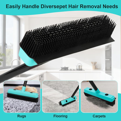 Rubber Broom Carpet Rake with Air Broom,Reusable Strong Grooming Gloves,Stainless Steel Handle, for Carpet Pet Hair Remover Hardwood Floor, Cleans Glass, Fine Dust, Hair, Liquid