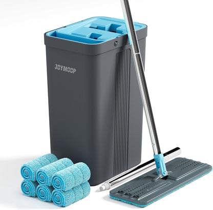 JOYMOOP Microfiber Flat Mop and Bucket System, Mops for Floor Cleaning and Wall Cleaner, Hardwood, Tile, Laminate, Vinyl Floors, Smooth Walls, and Glass Windows - 50" Flat Mop+1 Microfiber Pad[White]