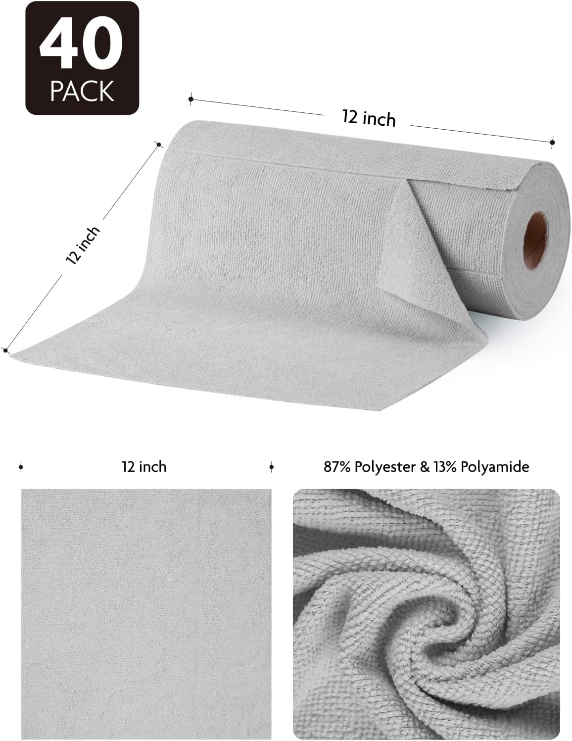 Fantasticlean Microfiber Cleaning Cloth Roll -40 Pack, Tear Away Microfiber Towels, 12" x 12", Reusable, Washable, Scratch Free, Ultra Absorbent Dishcloth for All-Around Cleaning Supplies (White)
