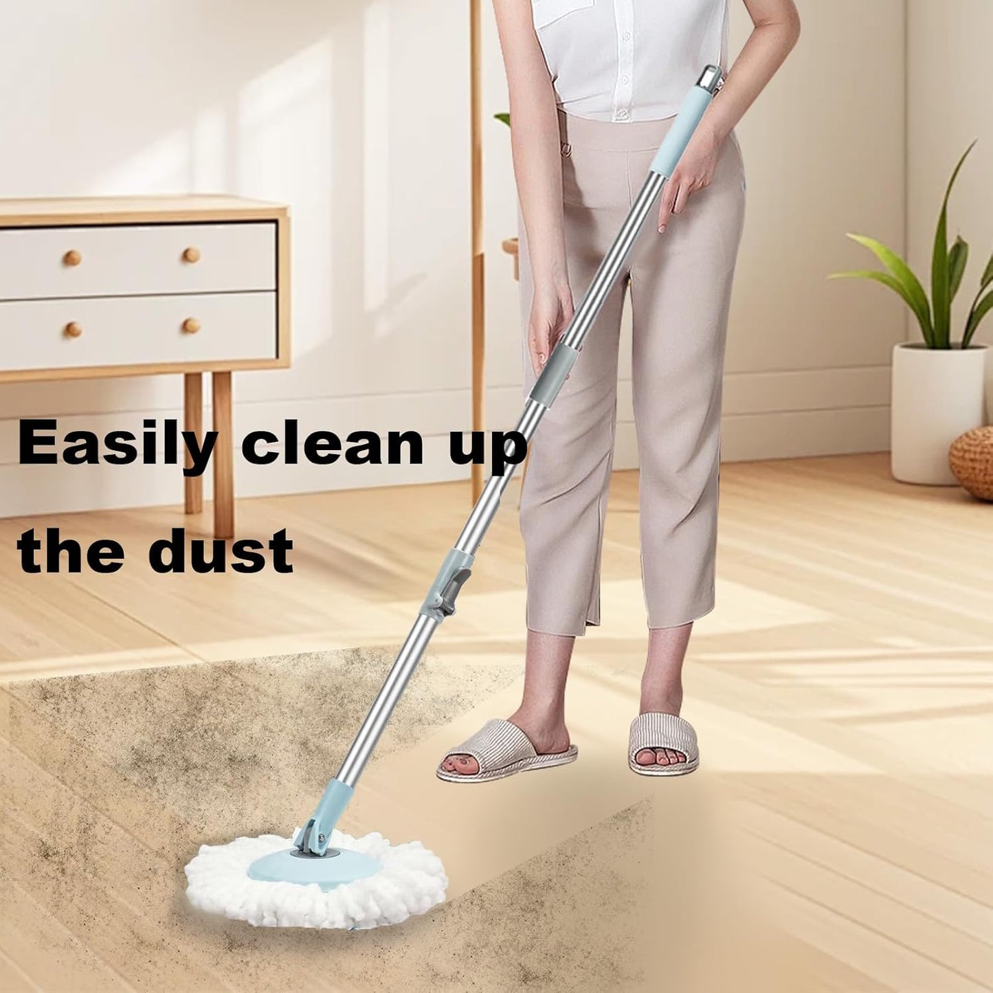 Spin Mop and Bucket with Wringer Set,for Floor Cleaning,with Floor Scrub Brush,61" Adjustable Handle and 6 Microfiber Mop Head(White)