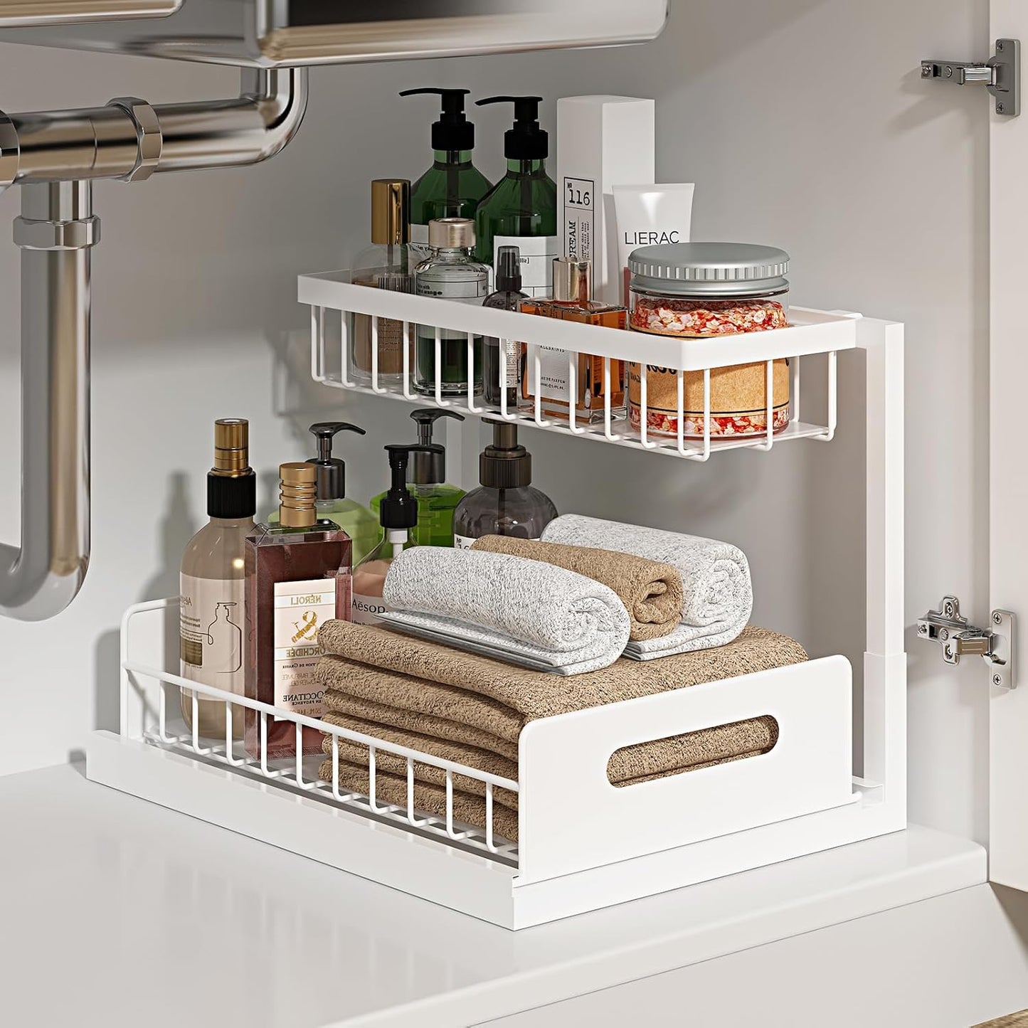 REALINN Under Sink Organizer, L-Shaped 2 Tier Pull Out Cabinet Organizer for Kitchen and Bathroom, Slide Out Under Cabinet Storage, Metal Under Sink Storage with Sliding Drawer, 50 lbs, Black 2 Pack