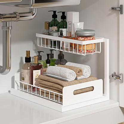 REALINN Under Sink Organizer, L-Shaped 2 Tier Pull Out Cabinet Organizer for Kitchen and Bathroom, Slide Out Under Cabinet Storage, Metal Under Sink Storage with Sliding Drawer, 50 lbs, Black 2 Pack