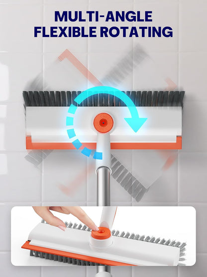 Floor Scrub Brush with Long Handle, 3 in 1 Scrape and Heavy-Duty Stiff Bristle Floor Scrubber Brush with Squeegee and Tweezer for Cleaning Tile Wall Deck Bathroom Patio Garage Kitchen (White)
