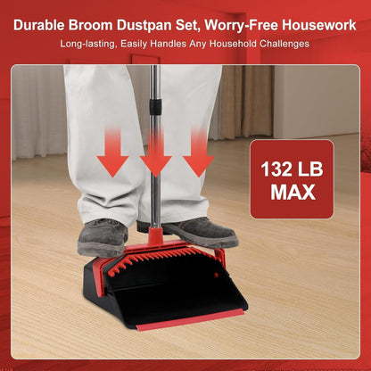 Tiumso Upgrade Broom and Dustpan Set, Broom with Dustpan Combo Sets, Large Brooms and Dust Pan with Handle, Self-Cleaning Dust Pans, Heavy Duty Broom and Dustpans Set for Lobby Kitchen Office - Green