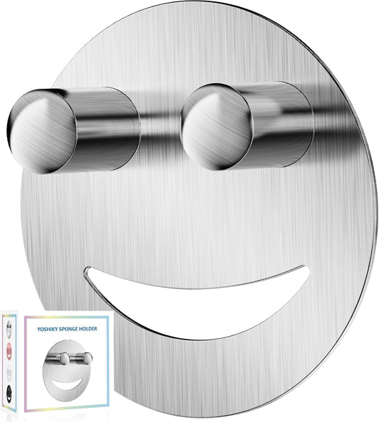 Yoshiky Stainless Steel Smiley Face Dish Sponge Holder, Silver Sink Caddy Organizer Storage with Suction Cup for Kitchen, Kitchen Sink Accessories Decor Scrubber Holder with Gift Box