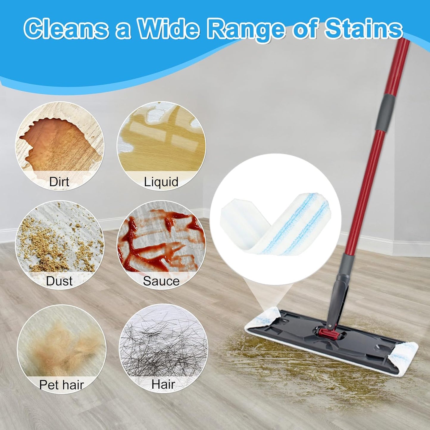 Mop Replacement Pads for O Cedar H2prO Flat Mop System, Mop Handle for O-Cedar H2pro Mop, Reusable Microfiber Mop Pads for Ocedar Flat Mop, Include 4 Mop Pad Refills and 4-Section Mop Handle