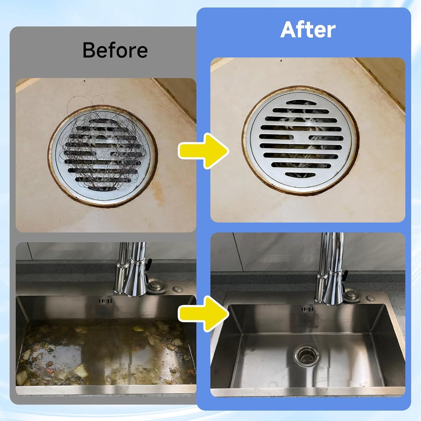 Drain Clog Remover for Sink & Shower, Dissolves Hair, Grease, Soap Scum & Paper, Powerful Bleach-Free Drain Cleaner Powder, 6 Pre-Measured Treatments for Bathroom & Kitchen