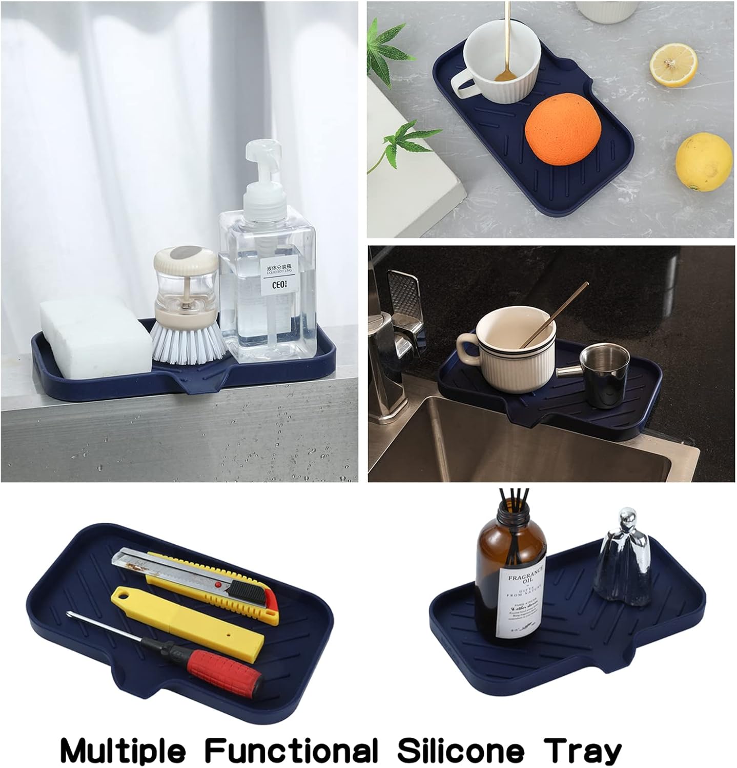 MicoYang Silicone Bathroom Soap Dishes with Drain Spout-Bathroom and Kitchen Sink Organizer,Sponge Holder,Dish Soap Tray,Perfect for Dispenser,Scrubber,Bottle,Cup on Sink or Counter-Black 4.9"×3.2"