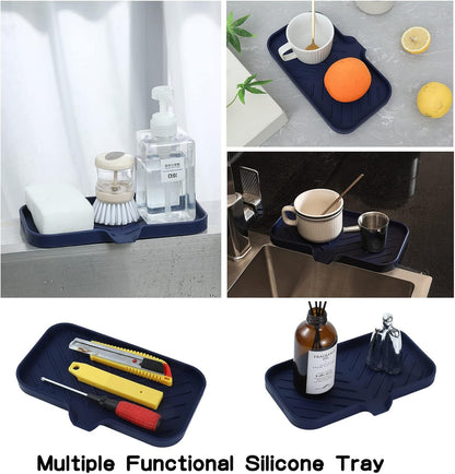 MicoYang Silicone Bathroom Soap Dishes with Drain Spout-Bathroom and Kitchen Sink Organizer,Sponge Holder,Dish Soap Tray,Perfect for Dispenser,Scrubber,Bottle,Cup on Sink or Counter-Black 4.9"×3.2"