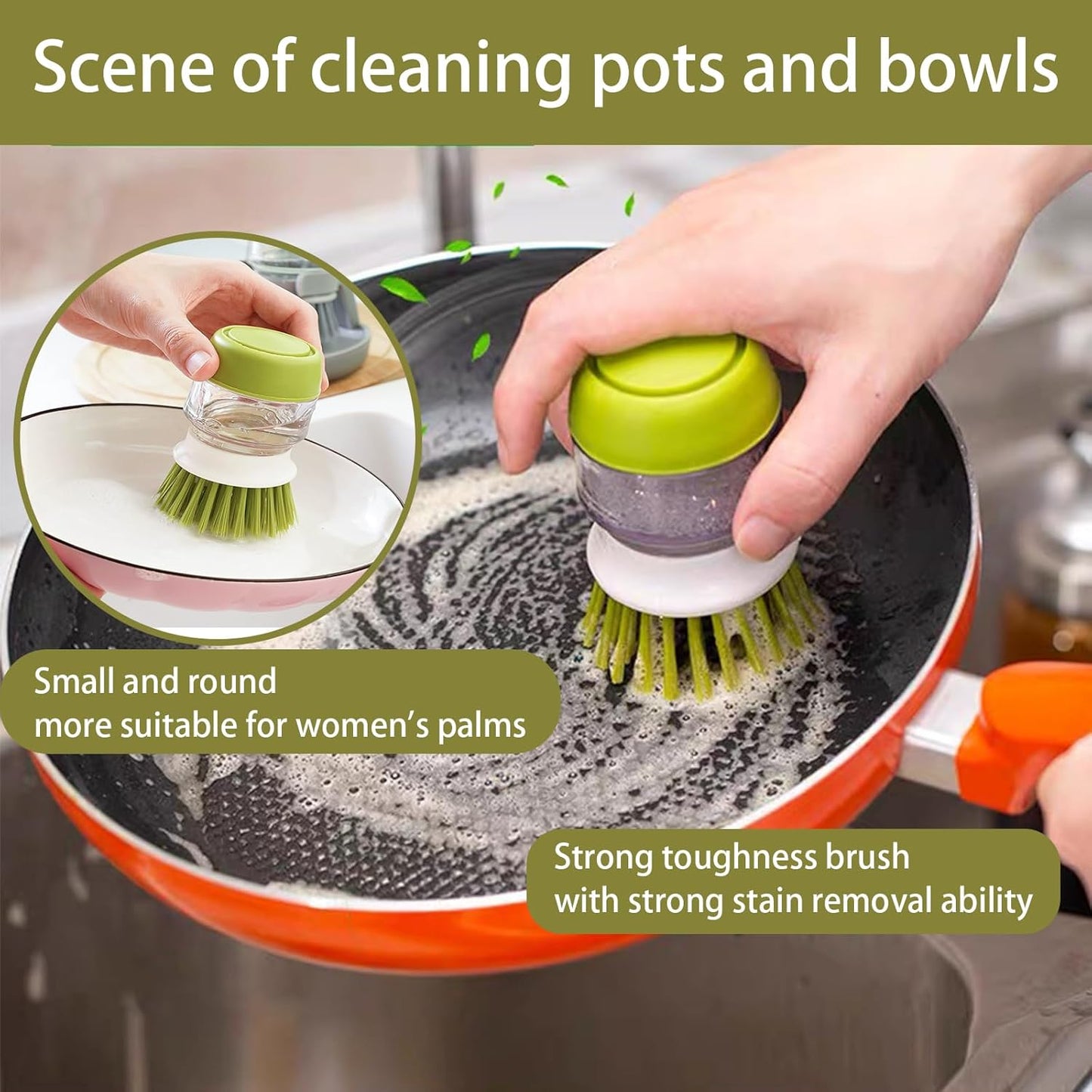 Soap Dispenser Dish Brush, Palm Brush Scrub Brush, with Storage Bracket and Drainage Base, Gray