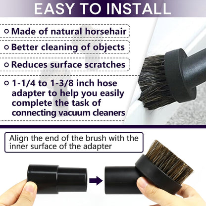 3PCS Horse Hair Brush Vacuum Attachment Set - Black Round Horse Hair Vacuum Attachments & Brushes - Shop Vac Brush Attachment for Most Vacuum Cleaners Accessories - 1 1/4" Vacuum Attachments Included