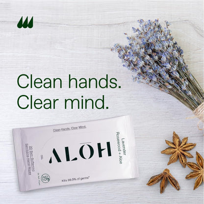 ALŌH Peppermint Eucalyptus + Aloe Sanitizing Hand Wipes - Clean Hands, Clear Mind On The Go Sanitizer for Kids and Adults - Travel Size 3 Pack 20ct Wipes (60 Wipes)