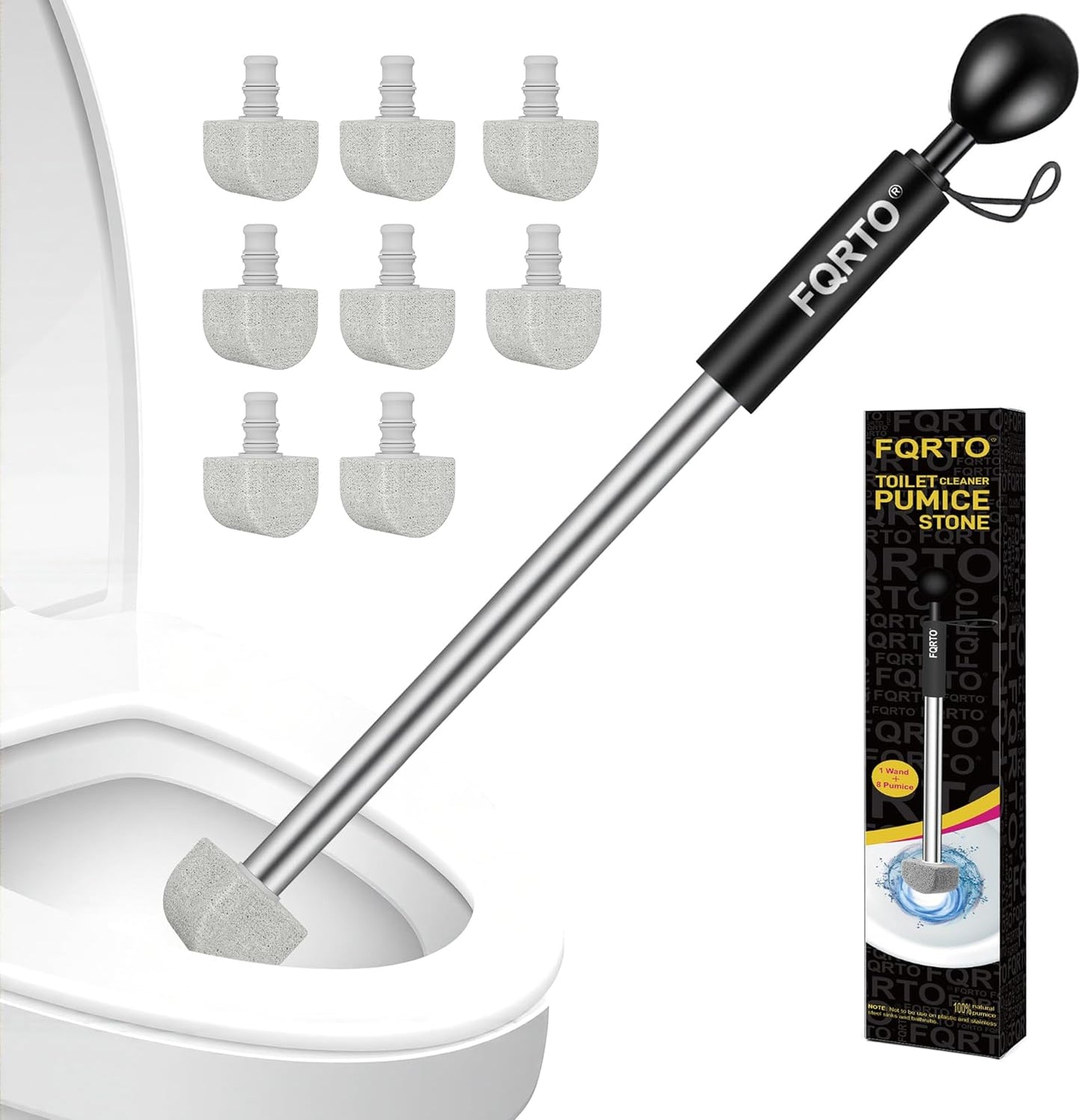 8-Pack Pumice Stone Toilet Cleaner with Long Handle - Hard Water & Limescale Remover, Non-Scratch Multi-Surface Scrubber, Disposable Refill Heads for Bathroom & Kitchen