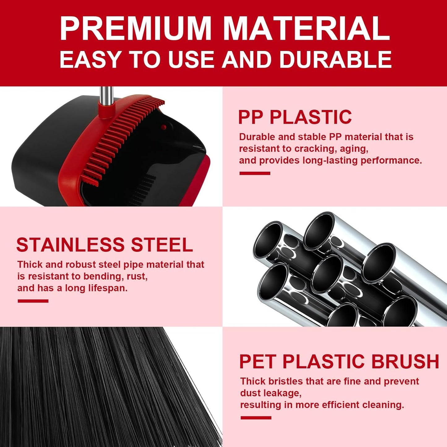 Broom and Dustpan Set, Household Broom with Dustpan Combo Set, 51" Long Handle, Dust Pan Set for Kitchen Office Lobby Floor