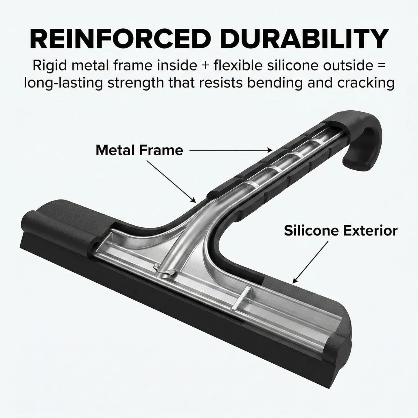 8 Inch Silicone Shower Squeegee for Glass Doors – All-in-One with Built-in Hook, Ergonomic Non-Slip Handle & Reinforced Iron Core, Multi-Purpose for Mirrors, Countertops, Windows, Black