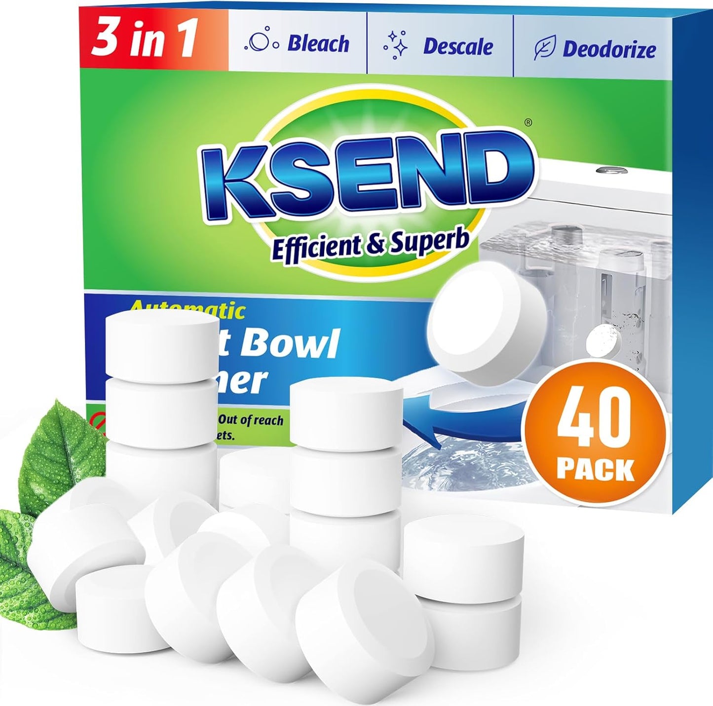 Ksend Toilet Bowl Cleaner Tablets - 20 PCS Automatic Bleach Toilet Cleaner Tablets, Slow-Releasing Deodorizing & Descaling, Powerful Bathroom Tank Cleaner