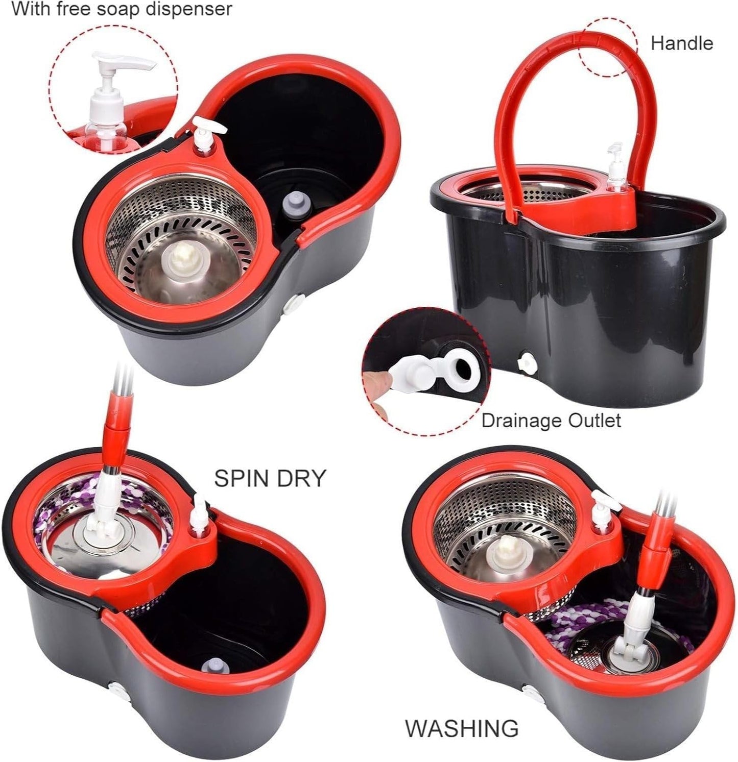 360° Spin Mop and Bucket System with Wringer - 61" Stainless Steel Handle & 3 Microfiber Refills, Self-Cleaning Floor Mop for Tile, Hardwood, Laminate Floors (Black red)