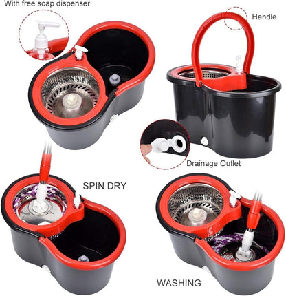 360° Spin Mop and Bucket System with Wringer - 61" Stainless Steel Handle & 3 Microfiber Refills, Self-Cleaning Floor Mop for Tile, Hardwood, Laminate Floors (Black red)