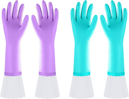 Elgood Reusable Dishwashing Cleaning Gloves with Latex free, Cotton lining,Kitchen Gloves 2 Pairs,Purple+blue Medium