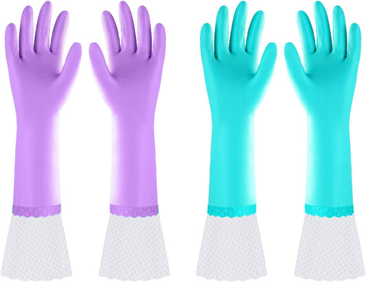 Elgood Reusable Dishwashing Cleaning Gloves with Latex free, Cotton lining,Kitchen Gloves 2 Pairs,Purple+blue Medium