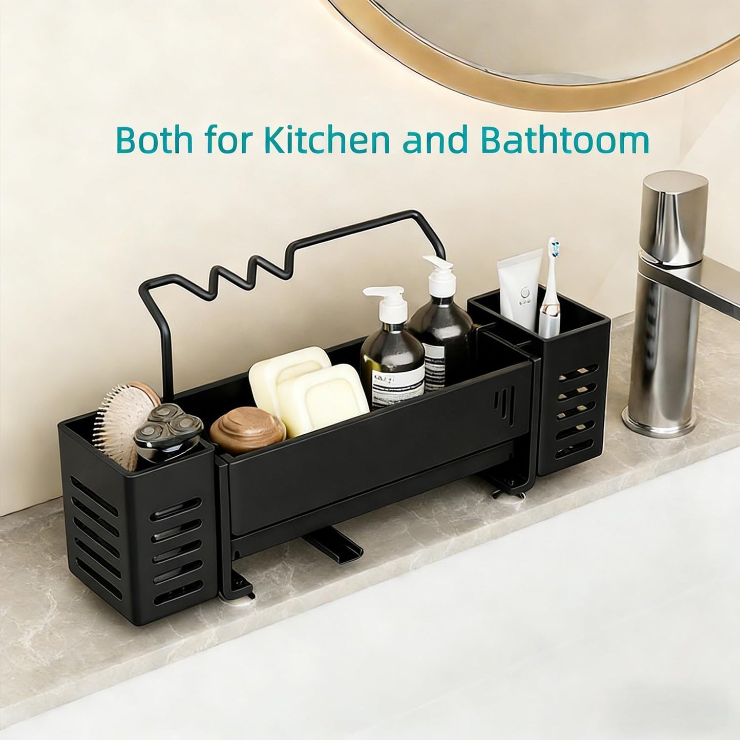 Sponge Holder for Kitchen Sink, Sink Caddy Organizer with 2 High Brush Holder, Kitchen Countertop Organizers and Storage Essentials, Self-draining Sponge Caddy Soap Dispenser Organizer (Gray)