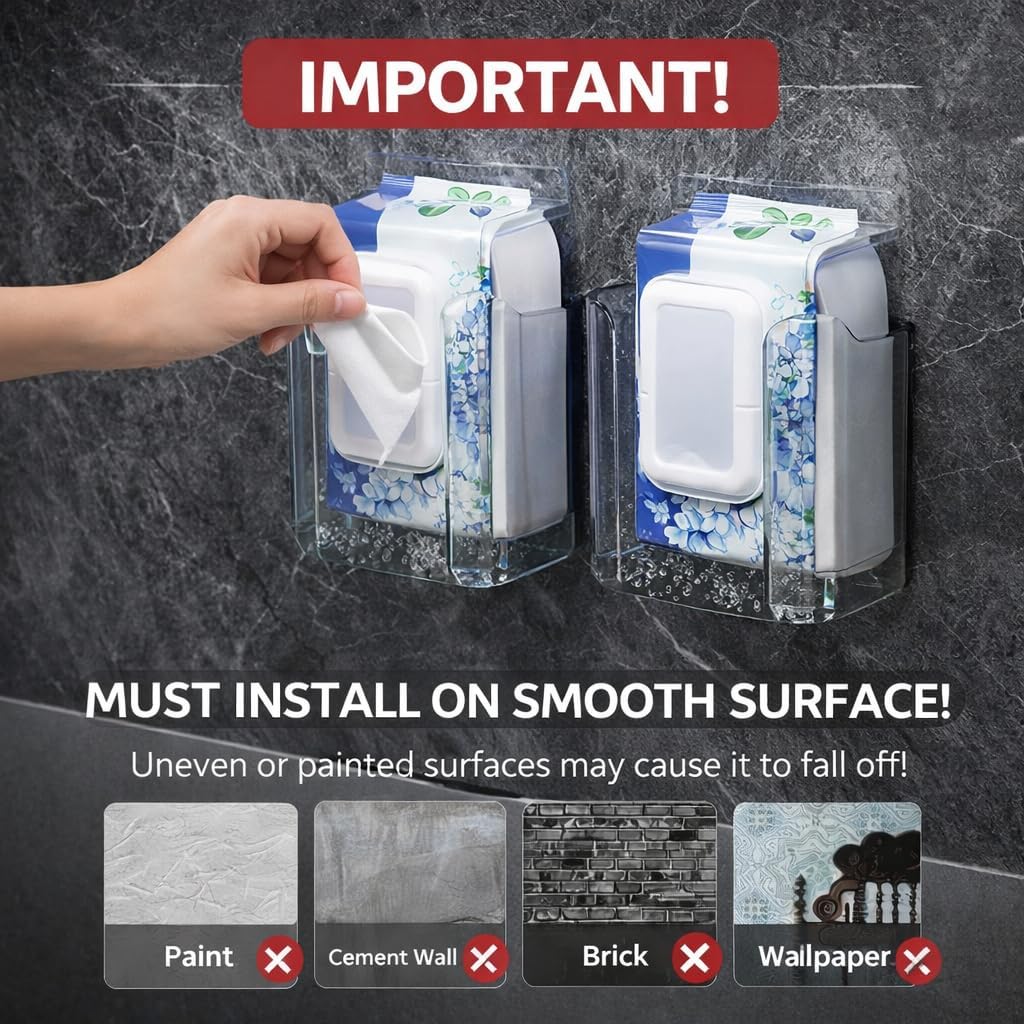 Bathroom Wipes Holder, 2PCS Wall-Mounted Wipe Storage Box, Acrylic Wipes Container with Adhesive Mount for Toilet and Bathroom