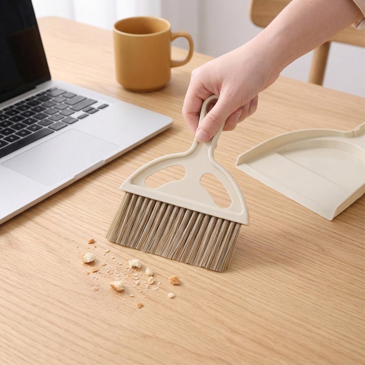 Mini Broom and Dustpan Set - Compact Small Hand Broom with Soft Bristles, Portable Desktop Cleaning Tool for Kitchen Counter, Desk, Drawer, Pet Litter & Car Interior (Off-White)