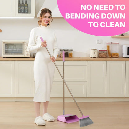 JOYMOOP White Broom and Dustpan Set, Upright Angle Design with Built-in Comb Teeth for Kitchen, Office, Pet Hair, Hard Floors