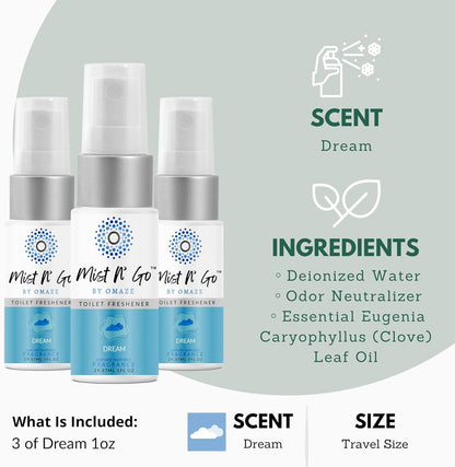Mist N’ Go by Omaze Travel Bathroom Spray for Toilet Spray Odor Eliminator - Travel Toilet Spray for Bathroom Air Freshener Spray for Bathroom Deodorizer - Clean Mix, Travel Size (1oz x2)