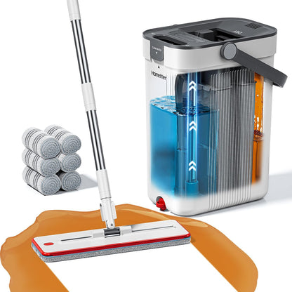 HoMettler Mop and Bucket Set, 3-Tank Flat Mop and Bucket System for Separate Dirty & Clean Water, 65" Mops for Floor Cleaning with 4 Washable Pads, Safe for Hardwood, Vinyl, Tile, Baseboards, Walls
