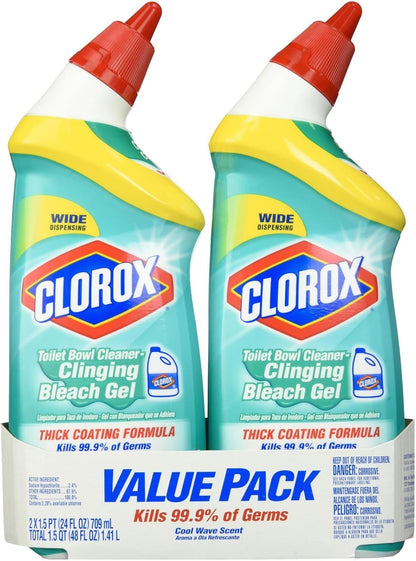 Clorox Toilet Bowl Cleaner Clinging Bleach Gel - Cool Wave, 24 Fl Oz (Pack of 2)