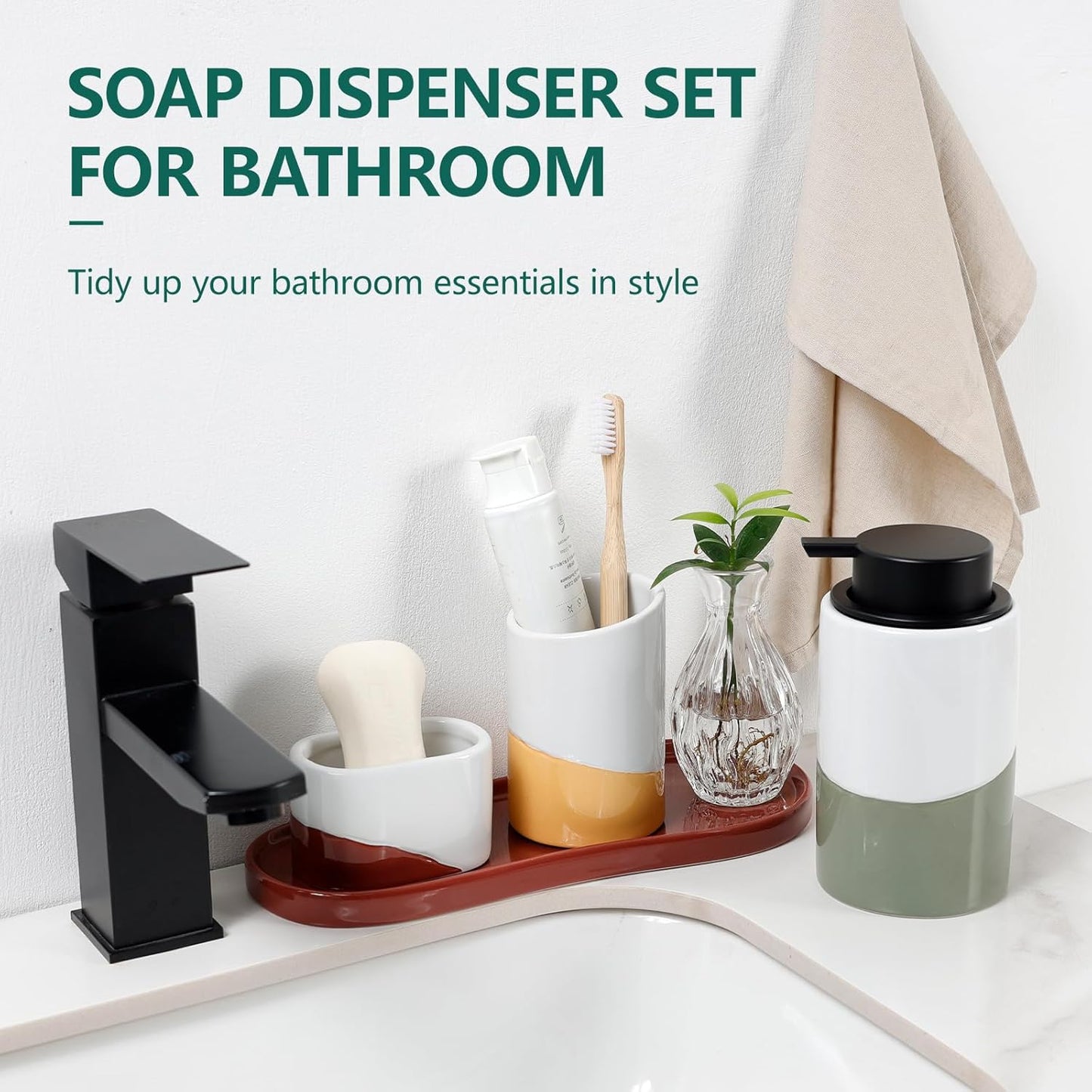 BosilunLife Kitchen Sink Caddy Set – 4-Piece Ceramic Soap Dispenser 12oz with Sponge & Utensil Holders on Drip Tray for Kitchen & Bathroom Countertop Organization (Liquid Pump)