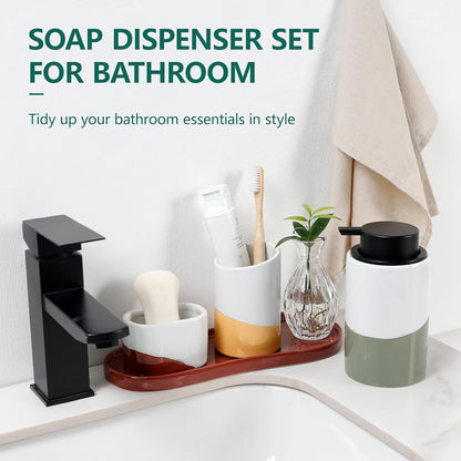 BosilunLife Kitchen Sink Caddy Set – 4-Piece Ceramic Soap Dispenser 12oz with Sponge & Utensil Holders on Drip Tray for Kitchen & Bathroom Countertop Organization (Liquid Pump)