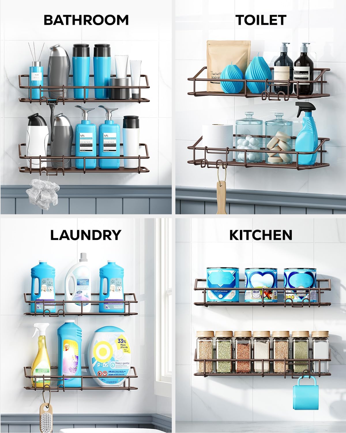 Nieifi Shower Caddy Shelf Storage Rack Adhesive Without Drilling Stainless Steel with Hooks for Washroom, Lavatory, Restroom, Toilet, Bathroom, Kitchen - 2 Pack