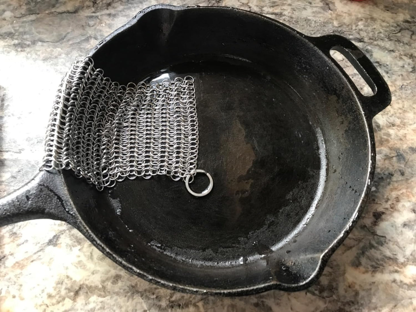 Rocky Mountain Goods 8” x 6” Chainmail Scrubber - 316L Stainless Steel Rings Cast Iron Cleaner for Pots, Griddles, Grills, Blackstone - Doesn’t Strip Away Seasoning or Flavor - Hanging Ring