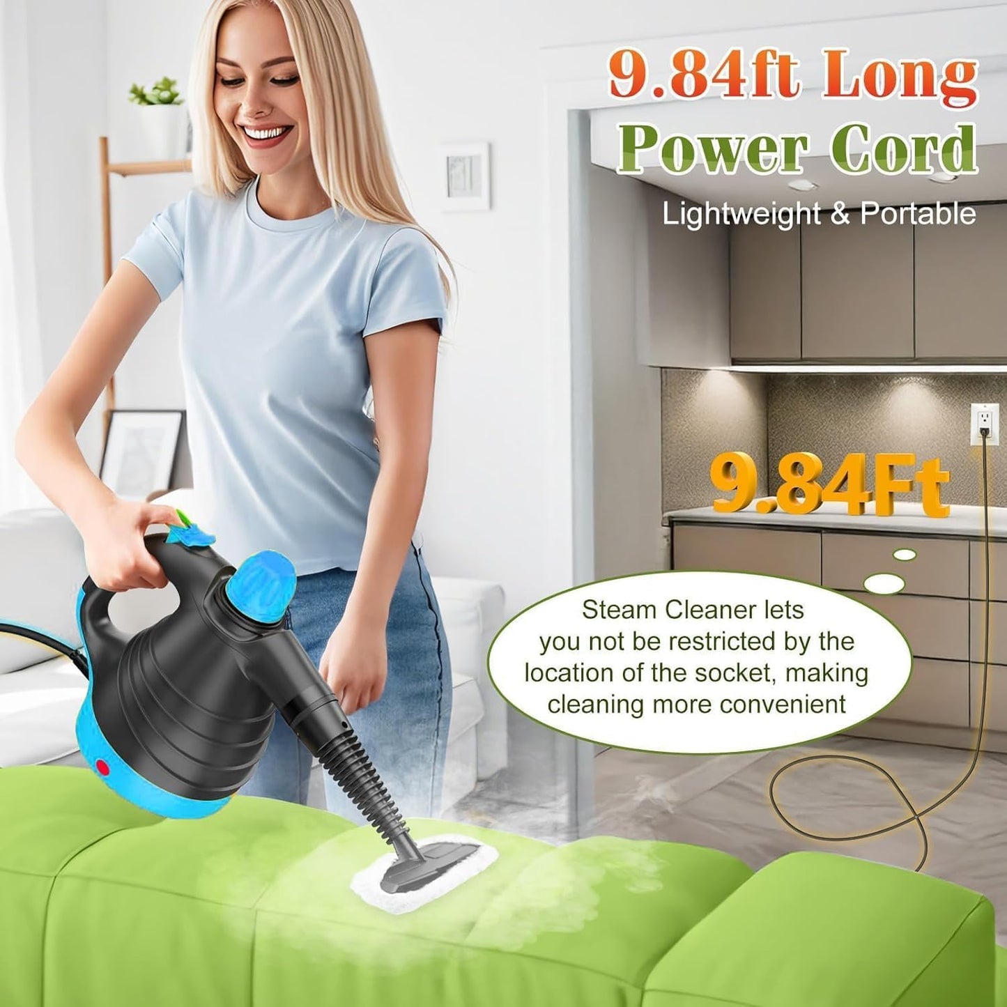Handheld Steam Cleaner - 275°F High-Temp Fast Heating Multi-Surface Steamer for Cleaning, 100% Chemical-Free Pet Safe Portable Steam Cleaner for Home/Bath/Window/Car Detailing/Couch/Grout(Blue)